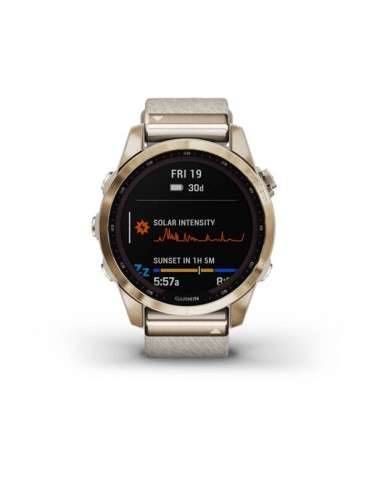 Garmin fenix 7S Sapphire Solar Cream Gold Titanium w/Cream Tethered Nylon (includes light sand silicone band)