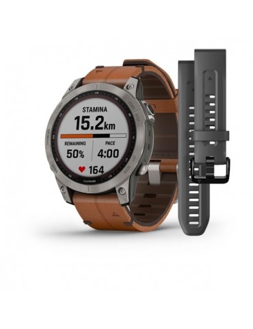 Garmin fenix 7 Sapphire Solar Titanium with Chestnut Leather Band (includes graphite silicone band)